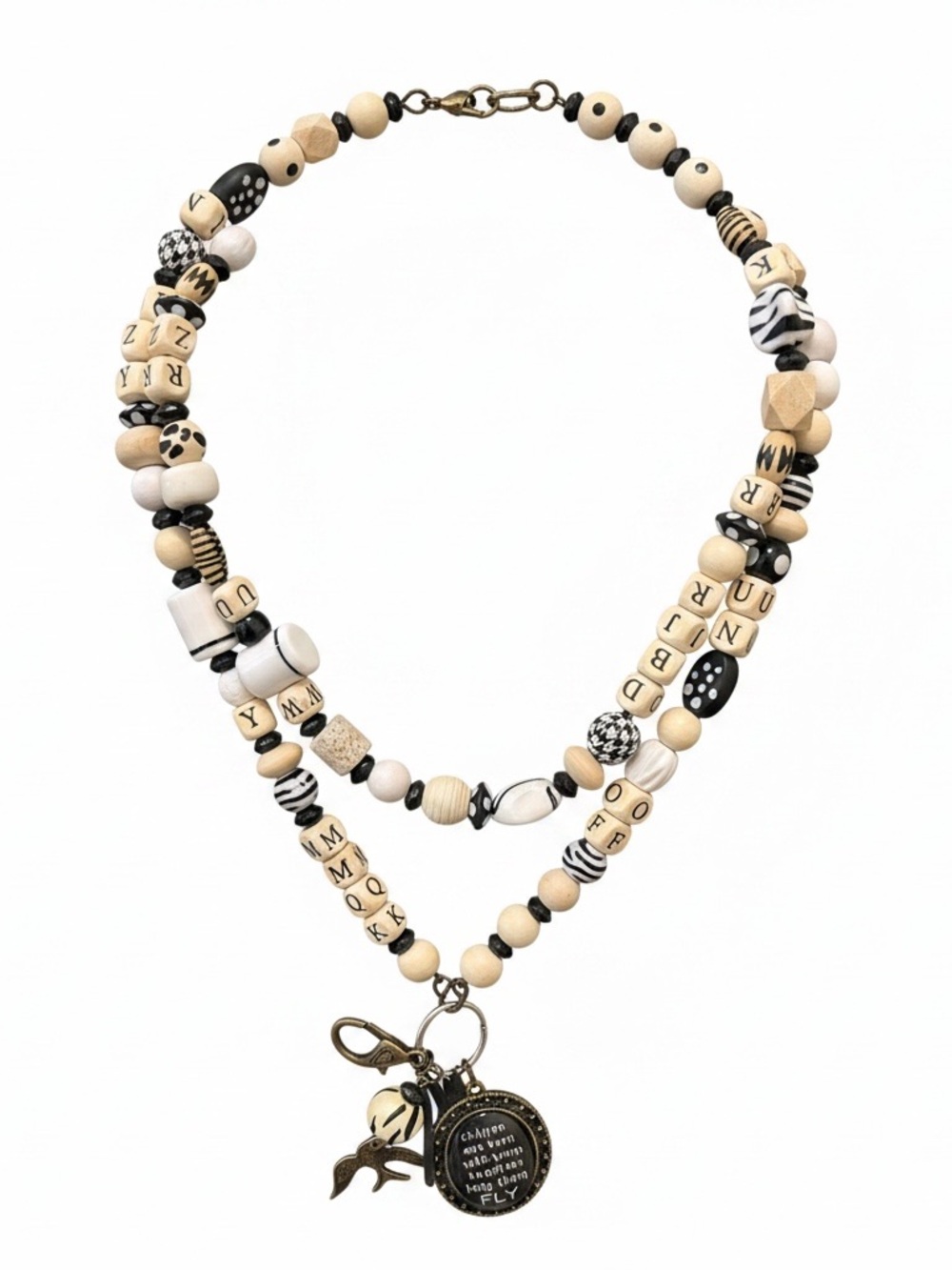 Teacher Inspired Beaded Charm Necklace in Cream and Black